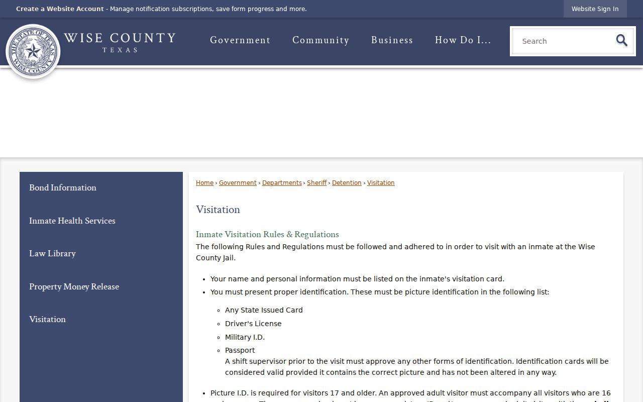 Wise County criminal history jail visitation and custody source