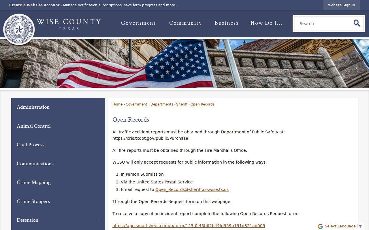 Wise County criminal records Sheriff open records instructions