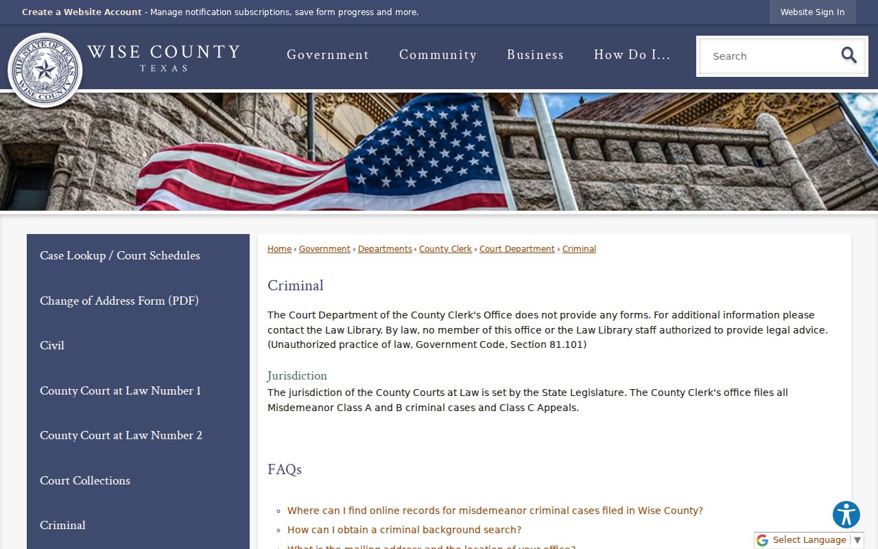 Wise County criminal court cases through the County Clerk