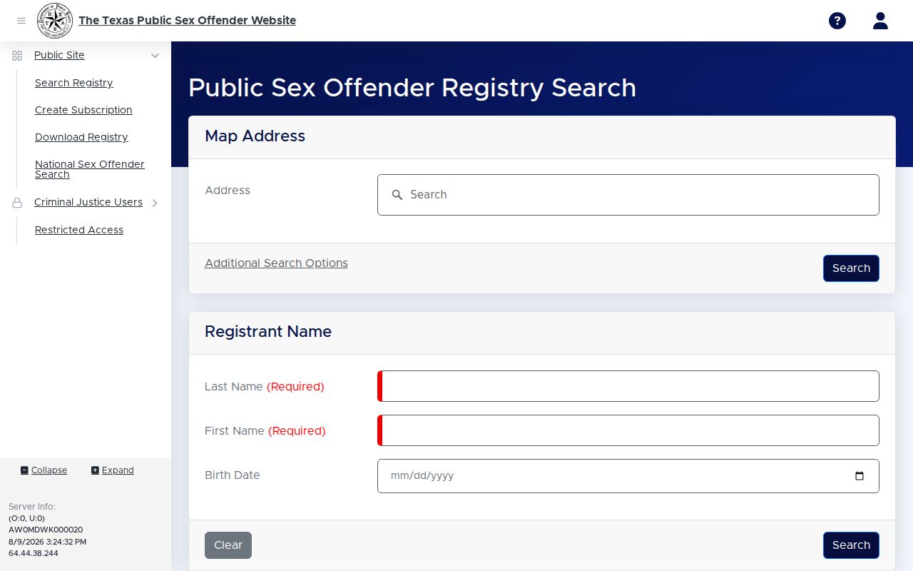 Texas DPS search interface for Wise County sex offender records